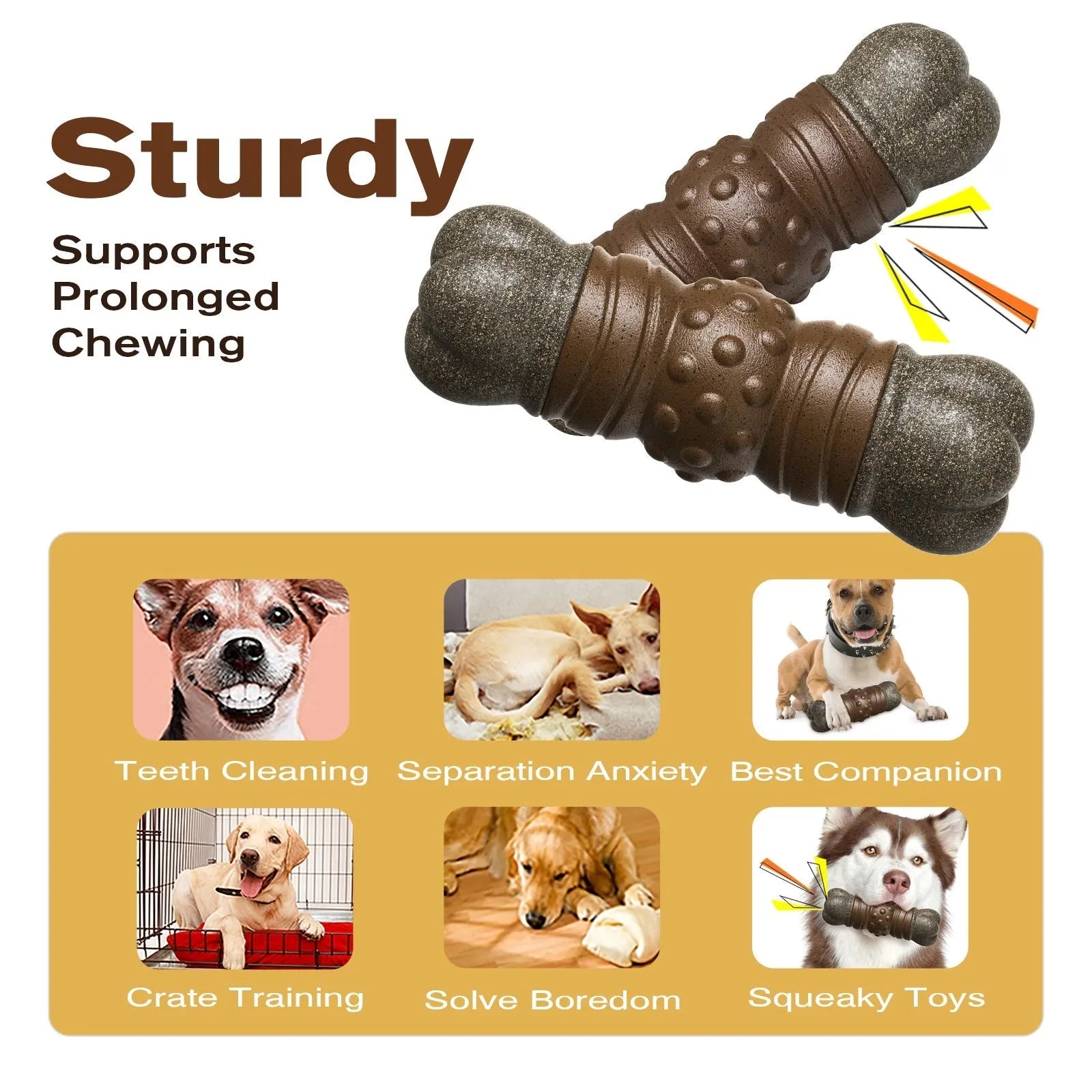 Wood colour plastic sounding bone dog toothbrush toy with textured molar rod surfaces