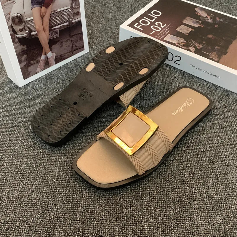 Women's flat casual slippers in apricot colour with a textured waterproof PVC sole.
