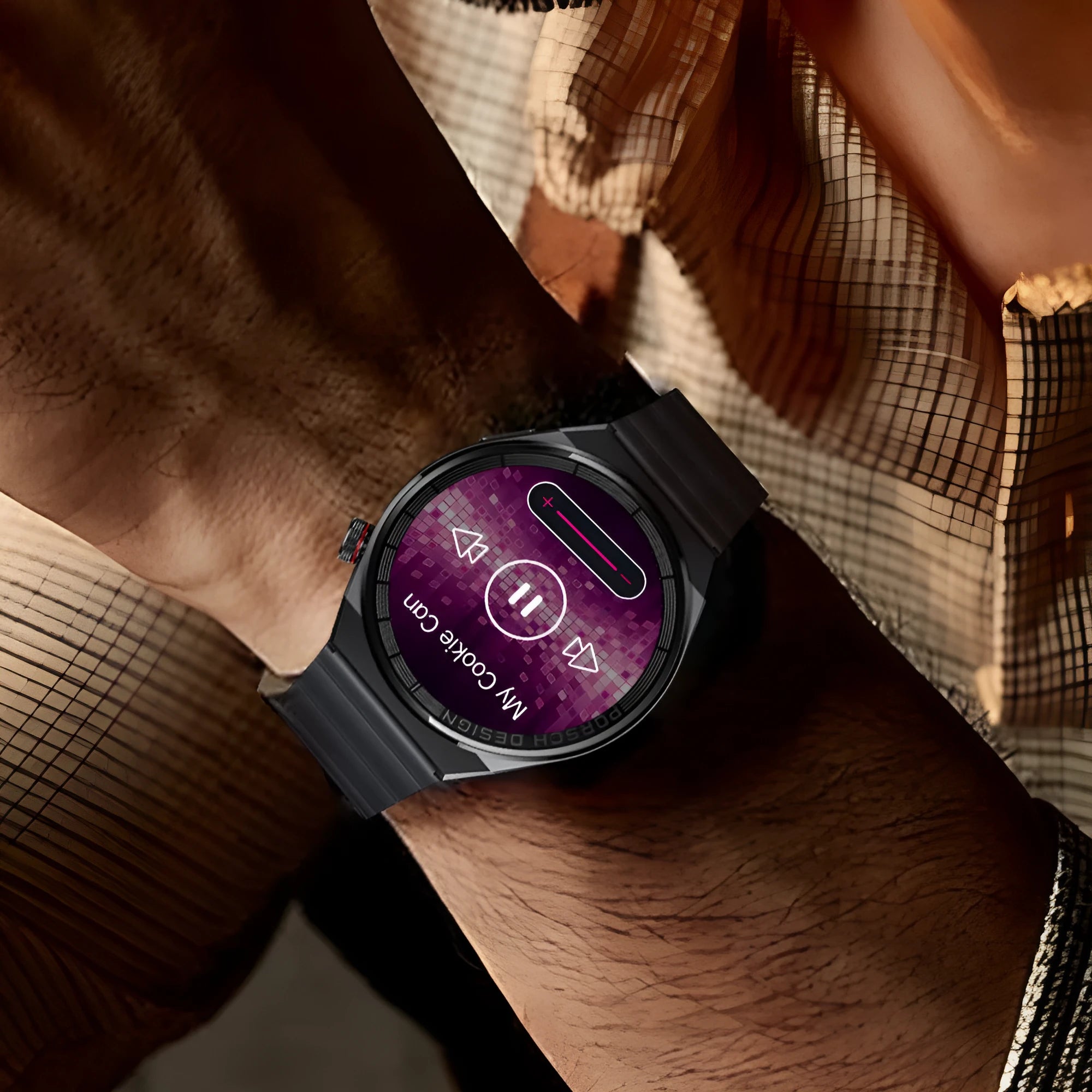 Smartwatch with 1.39-inch touchscreen showing interface, black case with silicone strap on wrist
