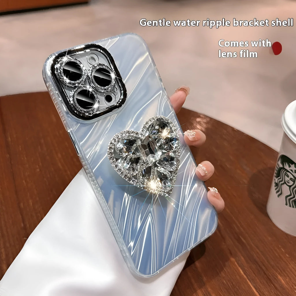 Silicone phone case with rhinestone love bracket and lens protector for iPhone in silver