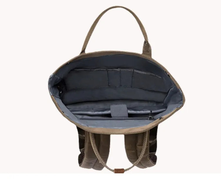 Casual polyester backpack in green colour showing cover opening flap and straps.