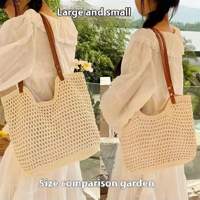 Beige woven cotton linen shoulder bag with large capacity for beach holidays