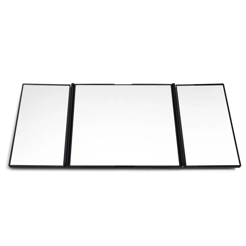 Silver car folding makeup mirror showing closed and open positions