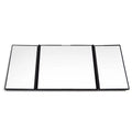 Silver car folding makeup mirror showing closed and open positions