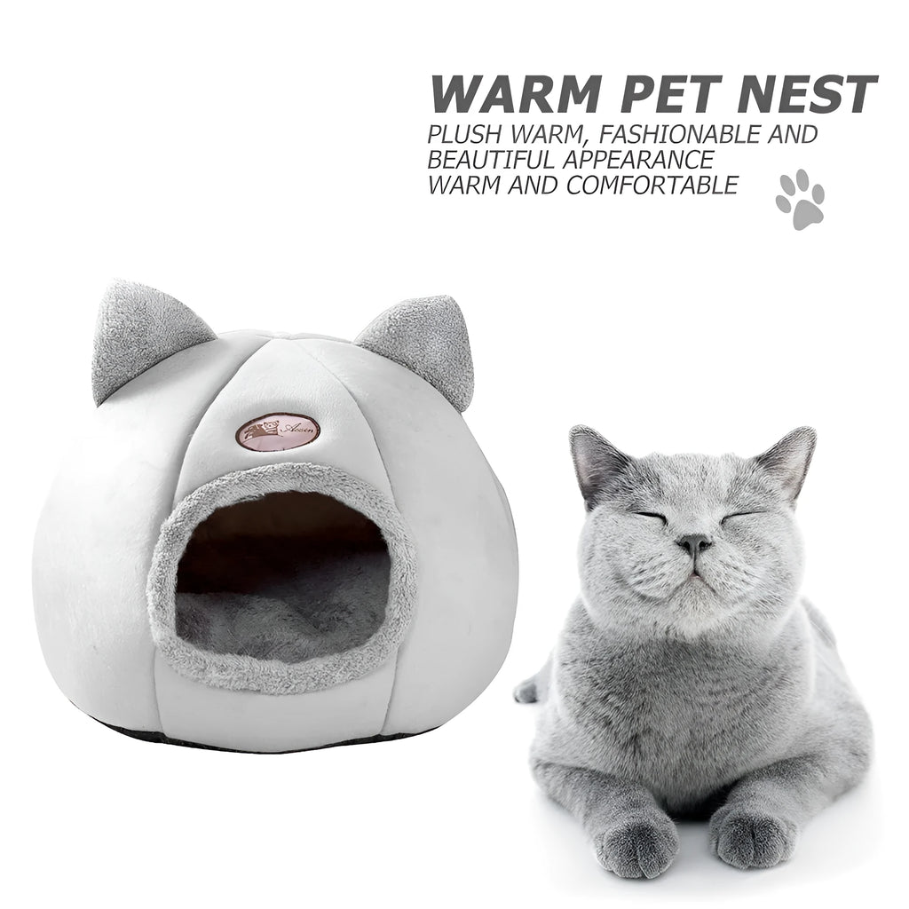 Grey fleece enclosed cube cat bed with entrance hole, shown in small, medium, and large sizes.