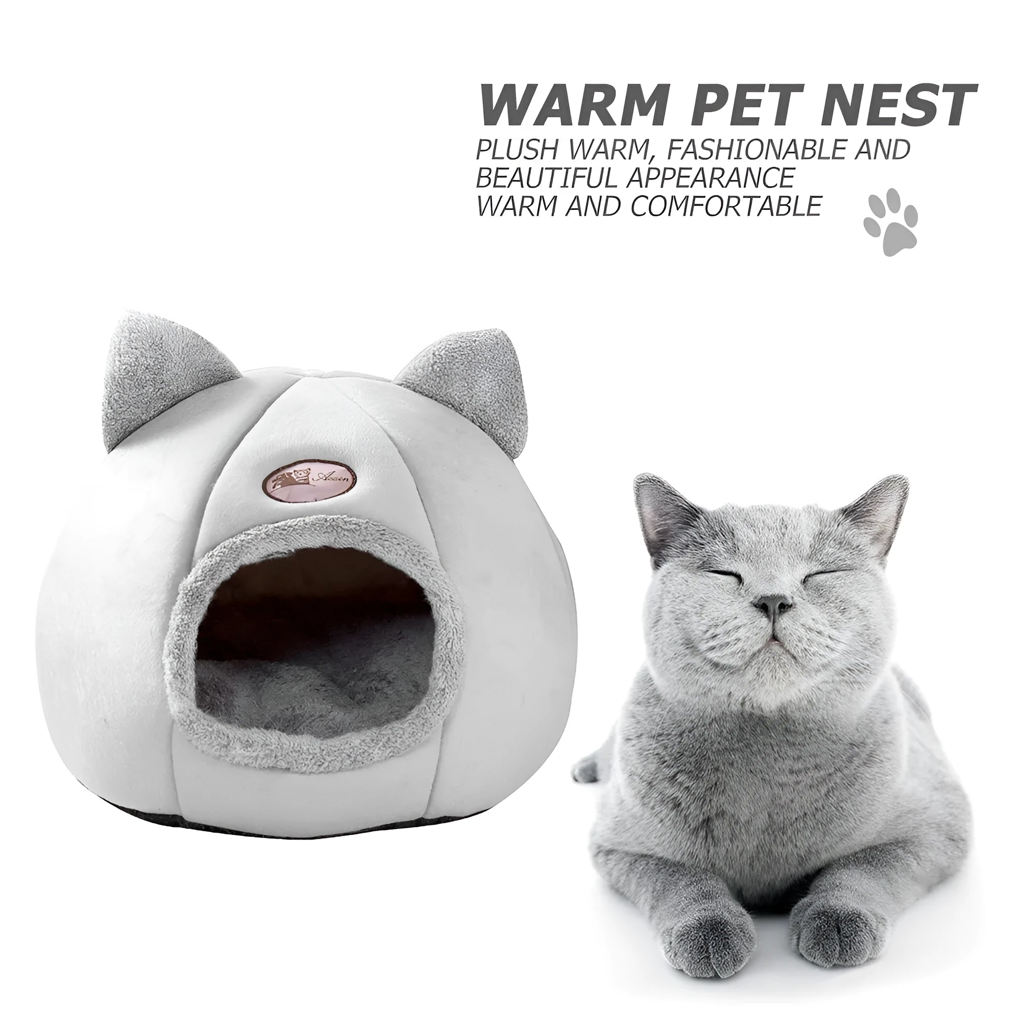 Grey fleece enclosed cube cat bed with entrance hole, shown in small, medium, and large sizes.