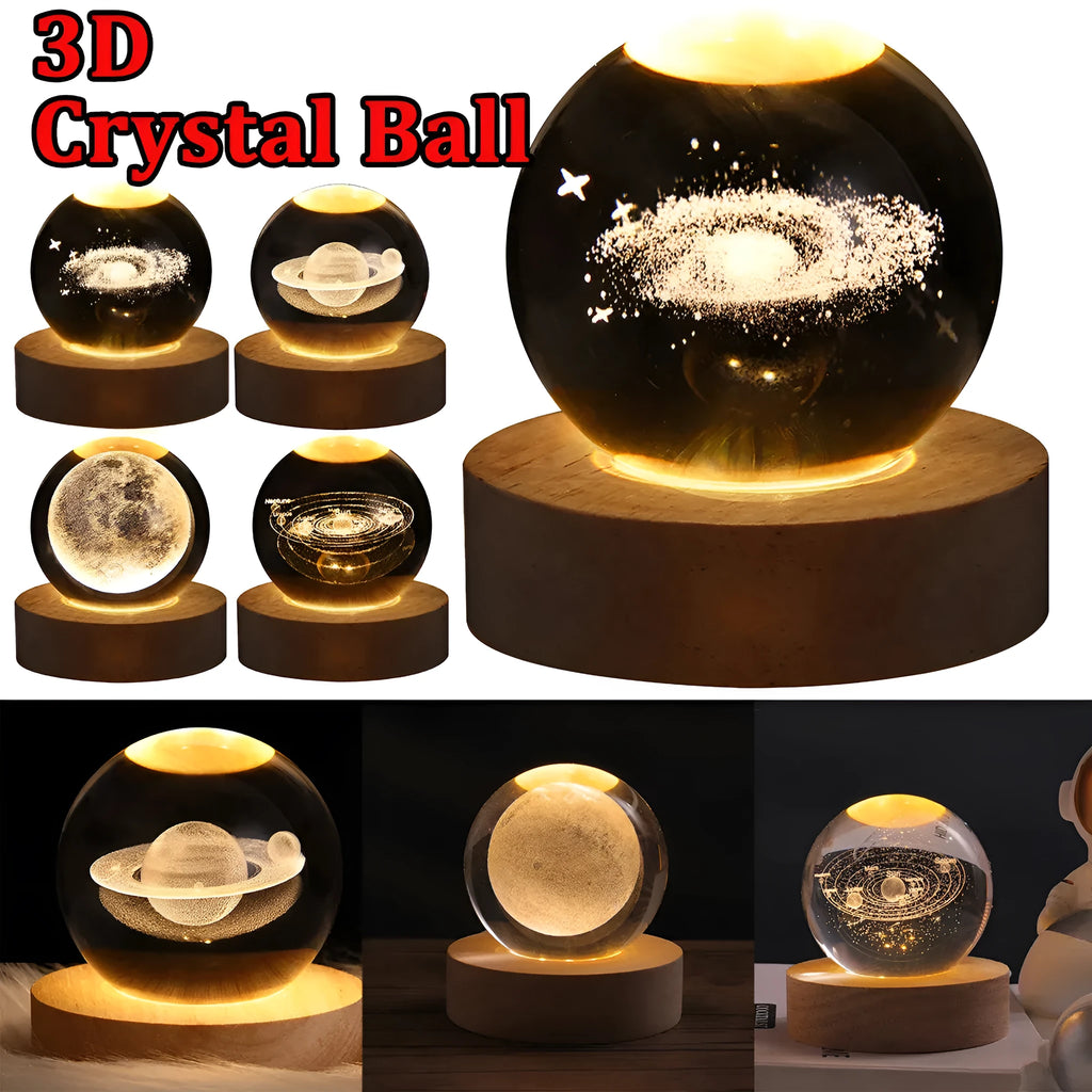 6cm crystal ball LED night light showing a 3D galaxy planet design, powered by a USB cable.