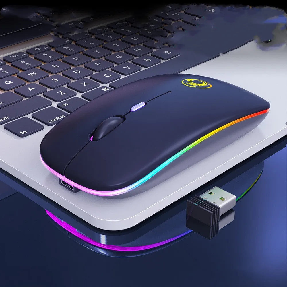 A black or white silent wireless charging mouse with dual-mode Bluetooth and 2.4G connectivity.