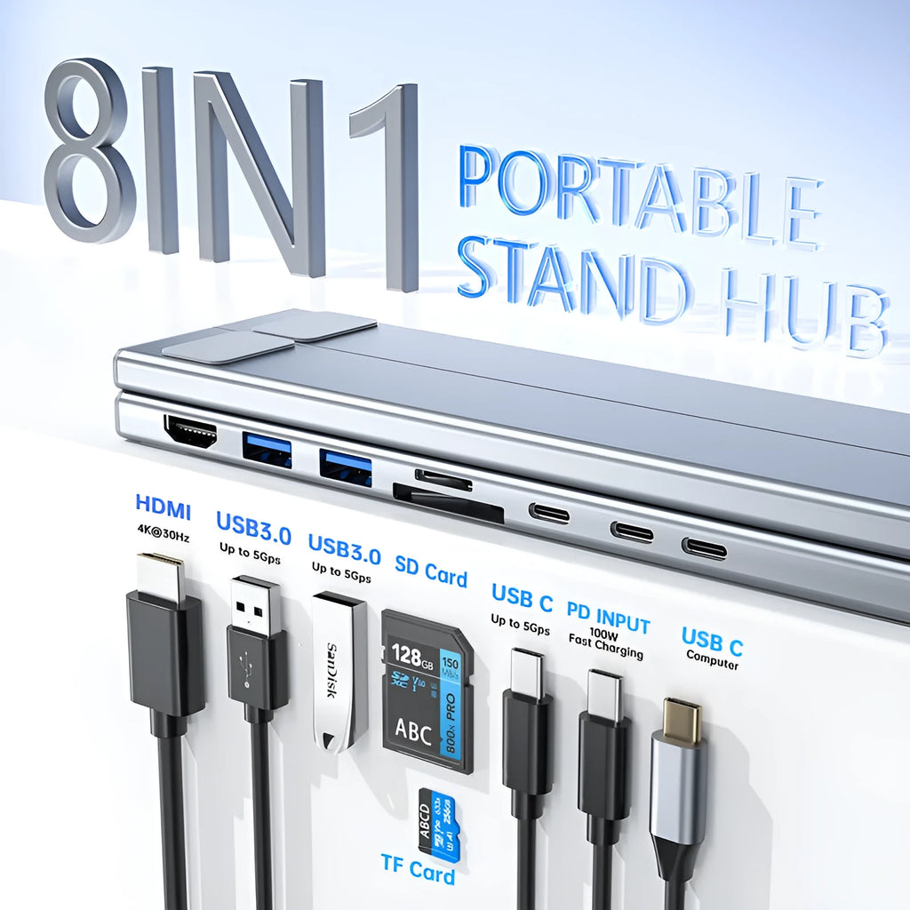 Aluminium multi-interface laptop docking station with folding stand and 0.6m cable.