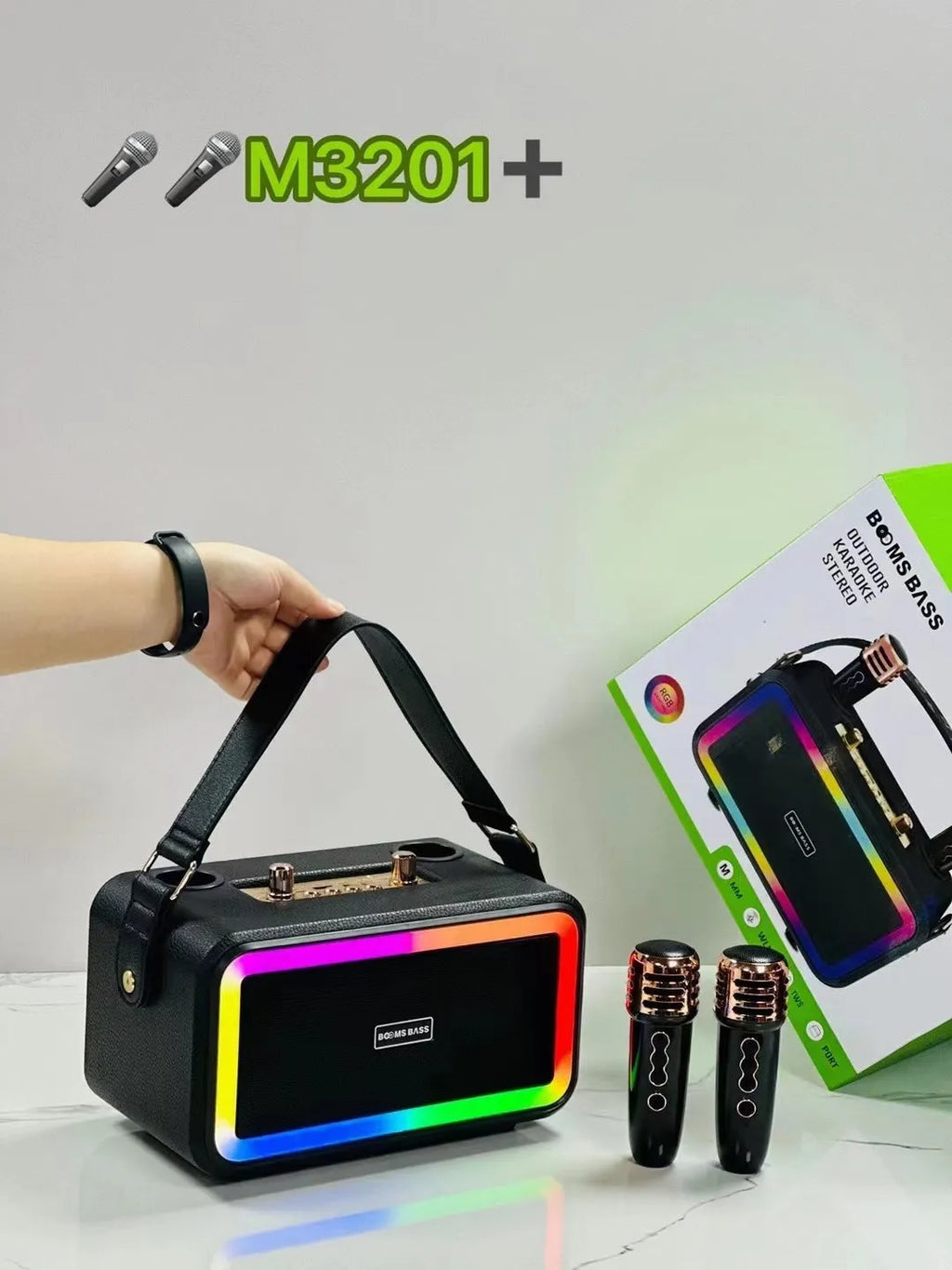 M3201 portable Bluetooth speaker with two microphones in black, dark brown, or orange red colours