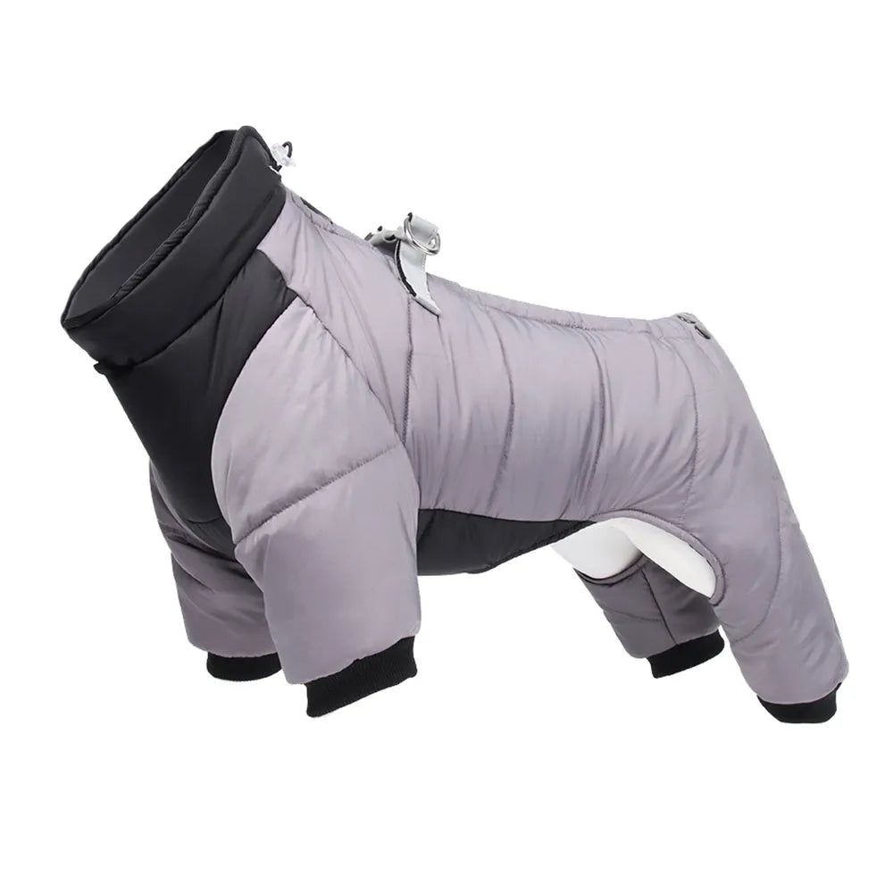 Four-legged polyester dog coat in grey, orange, yellow, or blue, sizes S to 3XL, with optional 2 metre reflective flat rope
