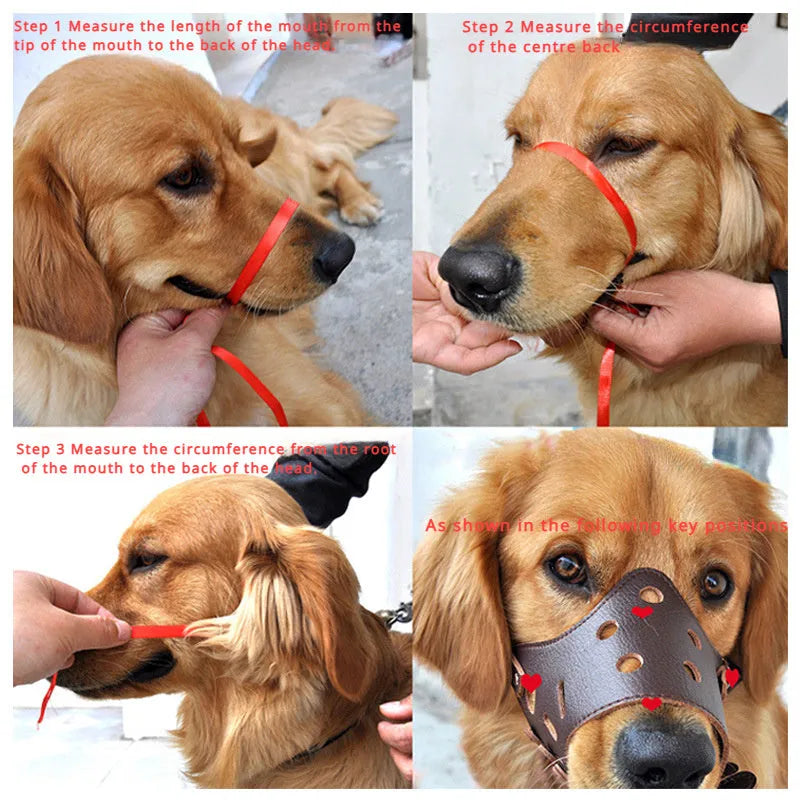 Black dog muzzle silencer for large breed on a sizing chart showing measurements.