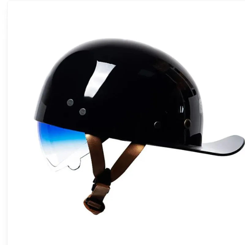 Men's retro electric bicycle half helmet in bright black with a gradient blue lens.