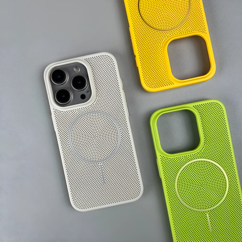 Frosted magnetic hard phone case for IPhone on a table, showing colour options.