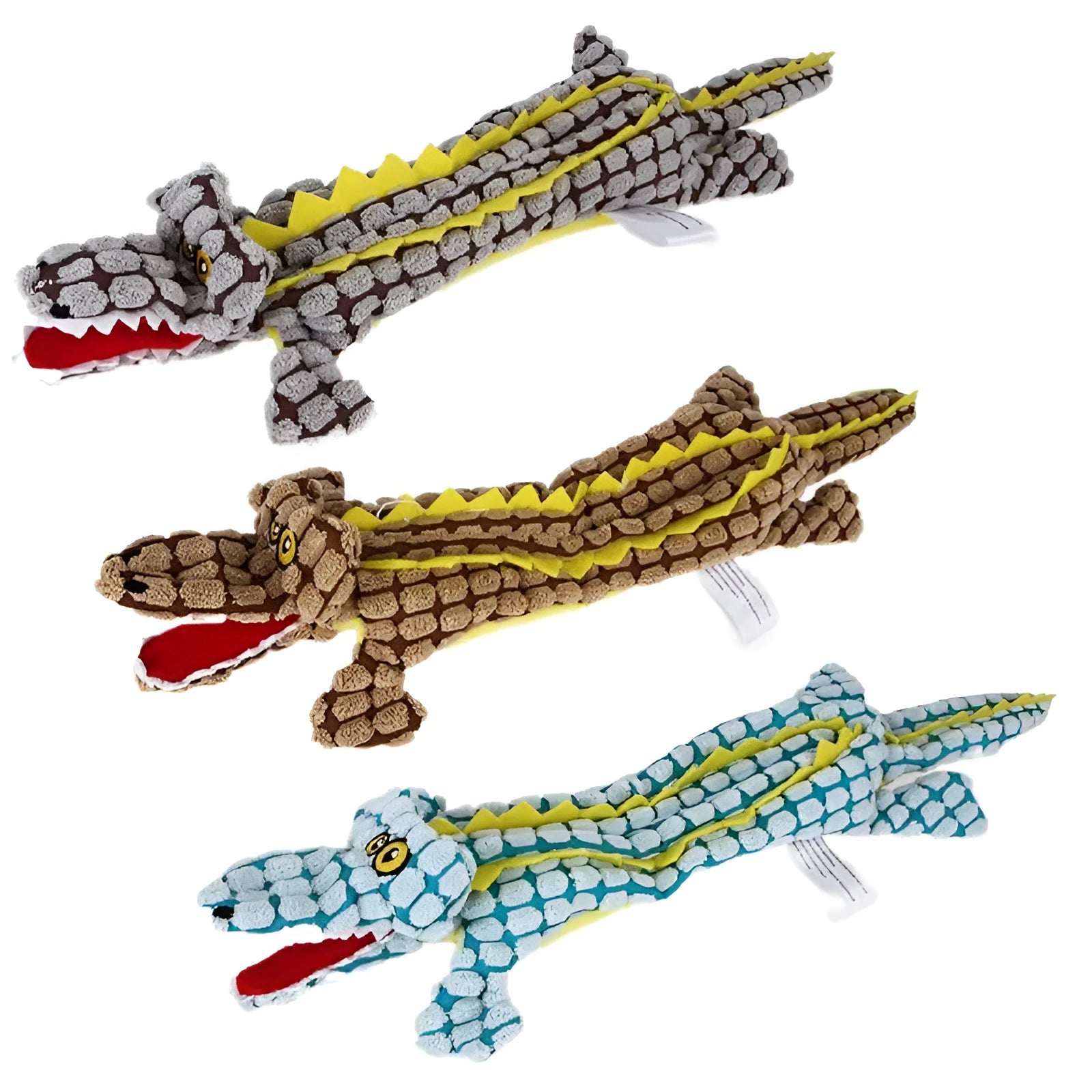 Blue crocodile-shaped plush squeaky dog toy shown beside coffee and grey colour options in small and large sizes