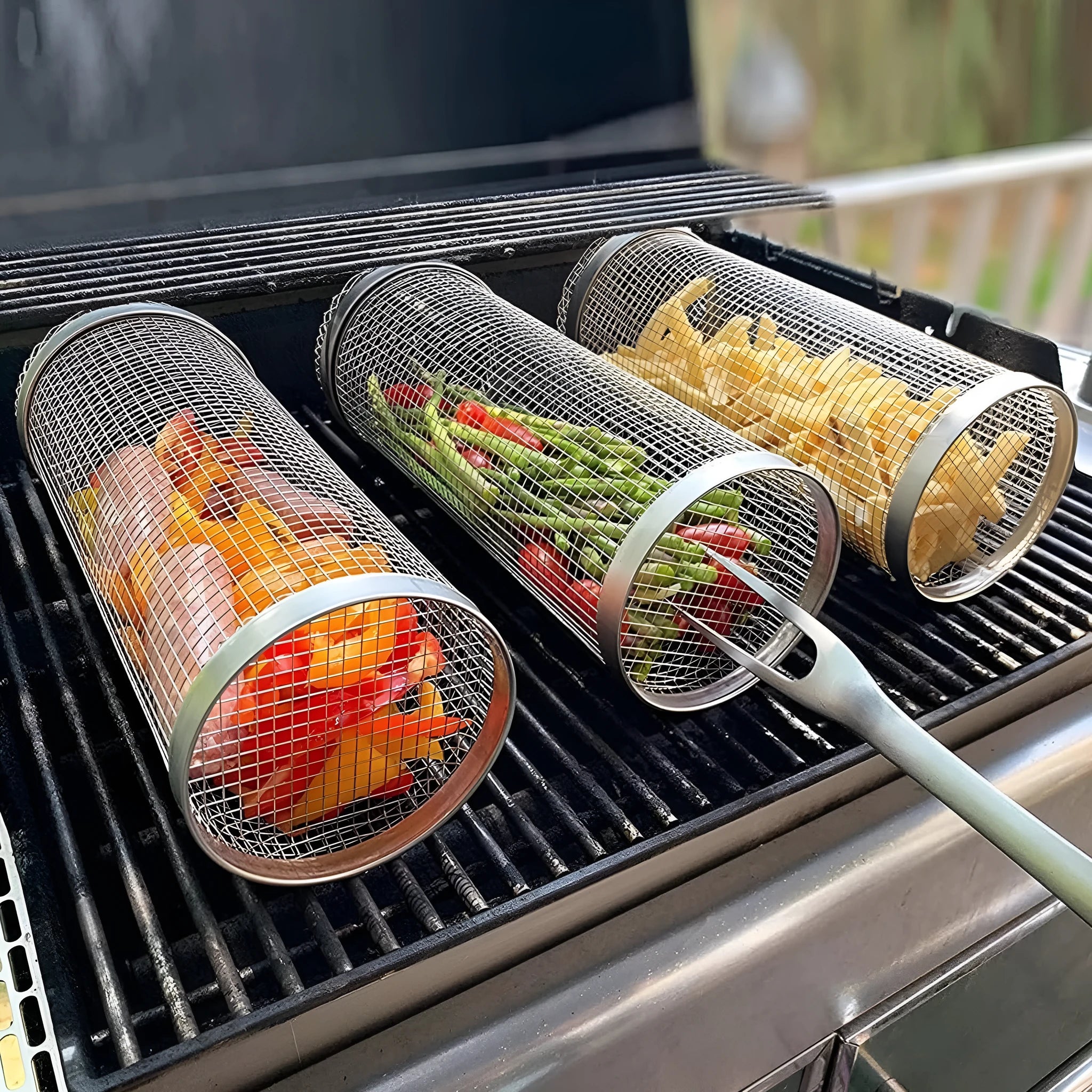 Stainless steel cylindrical rolling barbecue basket with wire mesh for grilling vegetables and meat.