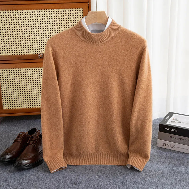 Man wearing a loose-fit half-collar wool sweater in a neutral colour, suitable for winter casual wear.