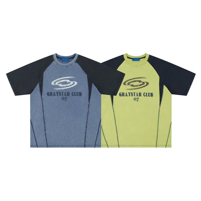 Men's blue hip hop letter print cotton T-shirt with raglan sleeves and loose fit design