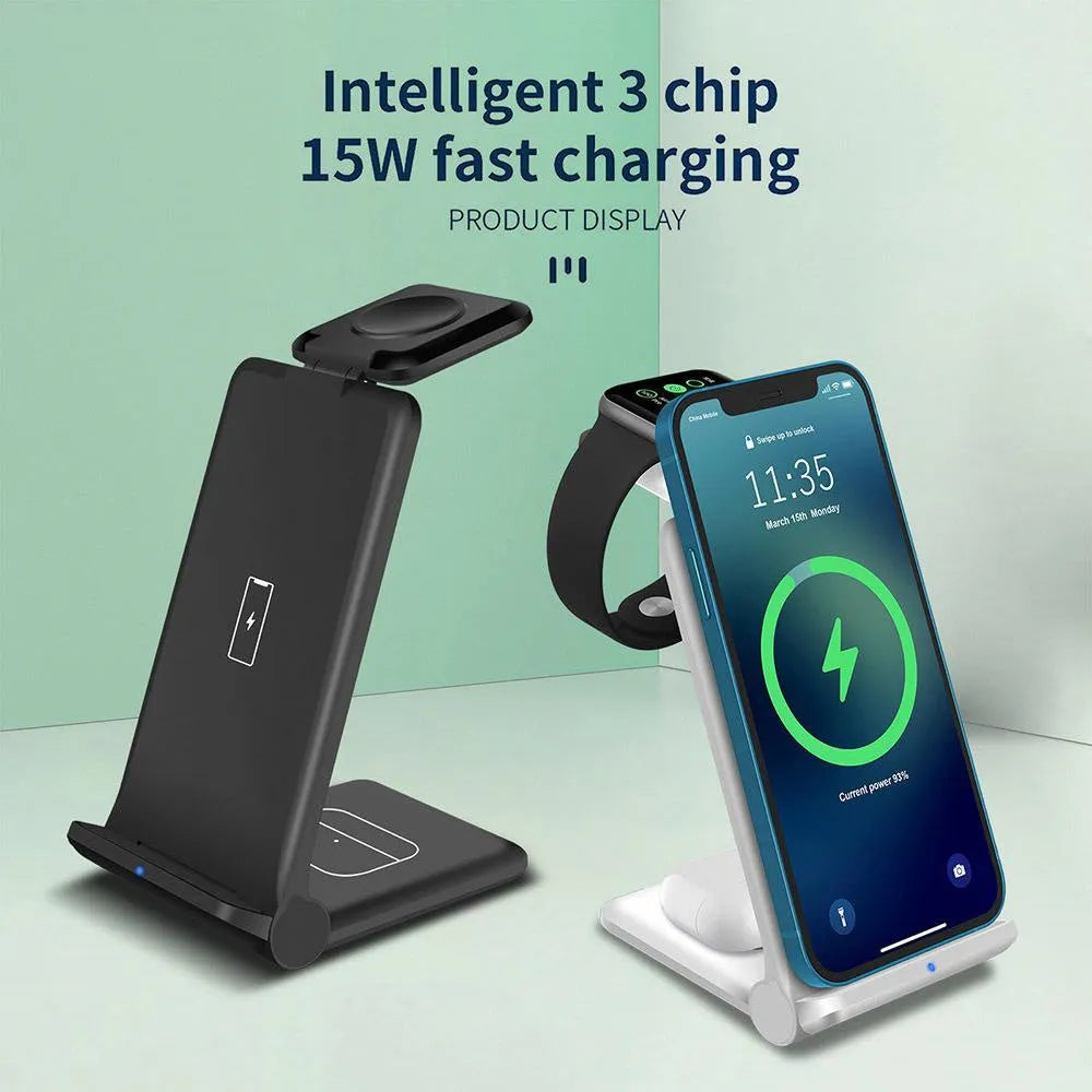 Black and white 3-in-1 wireless charging station for phone, watch, and earbuds on a desk.
