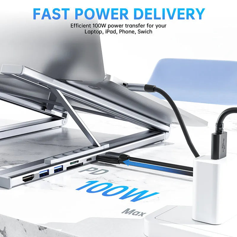 Aluminium multi-interface laptop docking station with folding stand and 0.6m cable.