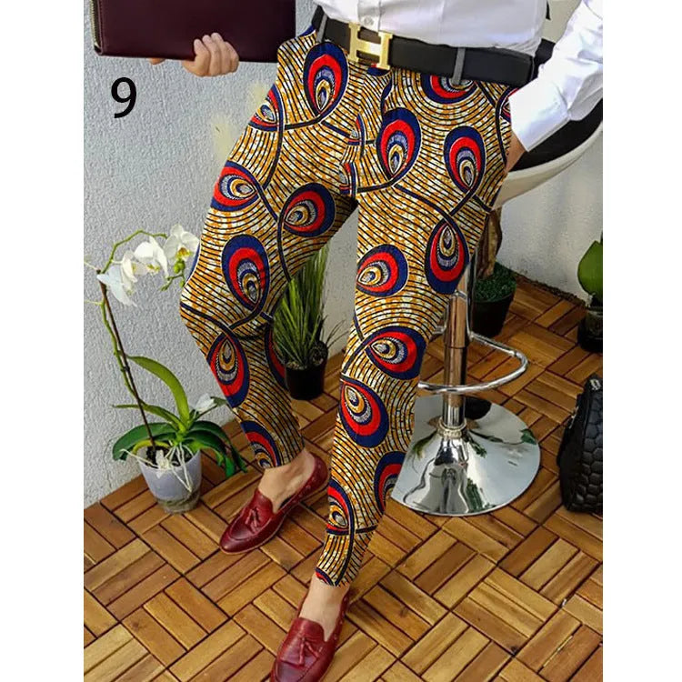 Men's slim-fit straight-leg casual trousers with a printed plaid pattern in colour RKKZ49.