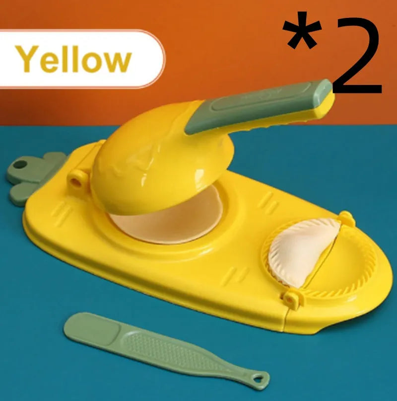 Orange and white plastic dumpling maker tool with ergonomic handle and hanging hole