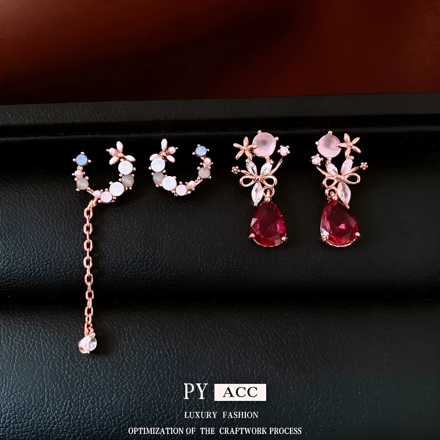 French style silver needle zircon flower drop earrings in rose gold pink on copper base