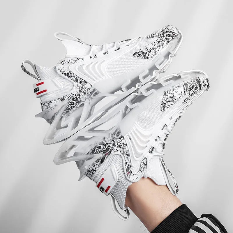 Cool men's camouflage mesh running sneakers with flying weave upper and rubber sole, side view