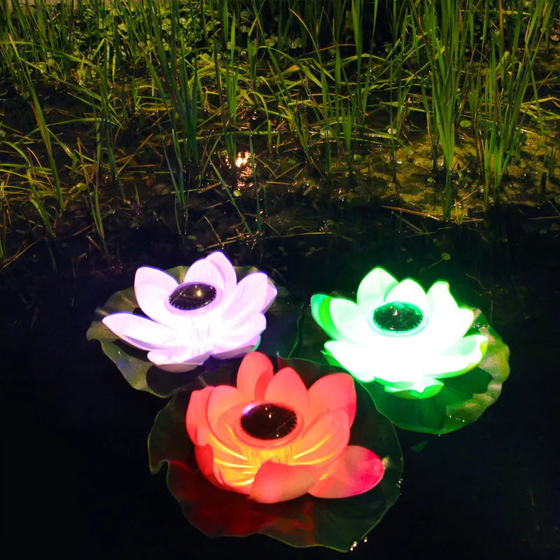 Floating solar lotus lamp on pond water with colourful LED light