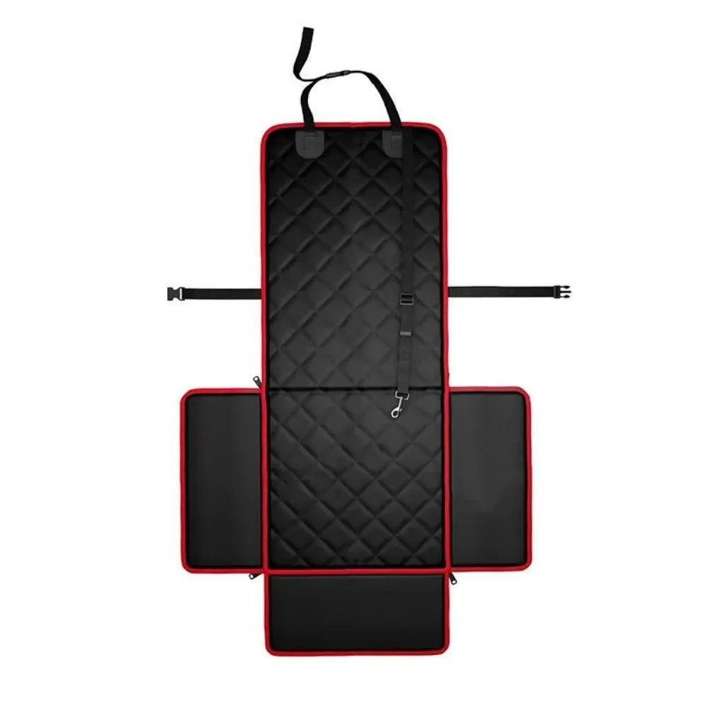 Large square black dog car seat protector with non-slip base on a vehicle front seat.