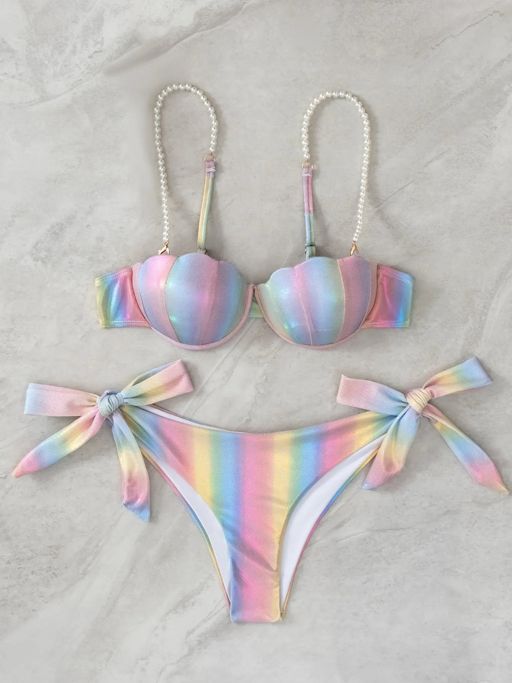 Women's rainbow shell pattern bikini swimsuit with split design and tied elements