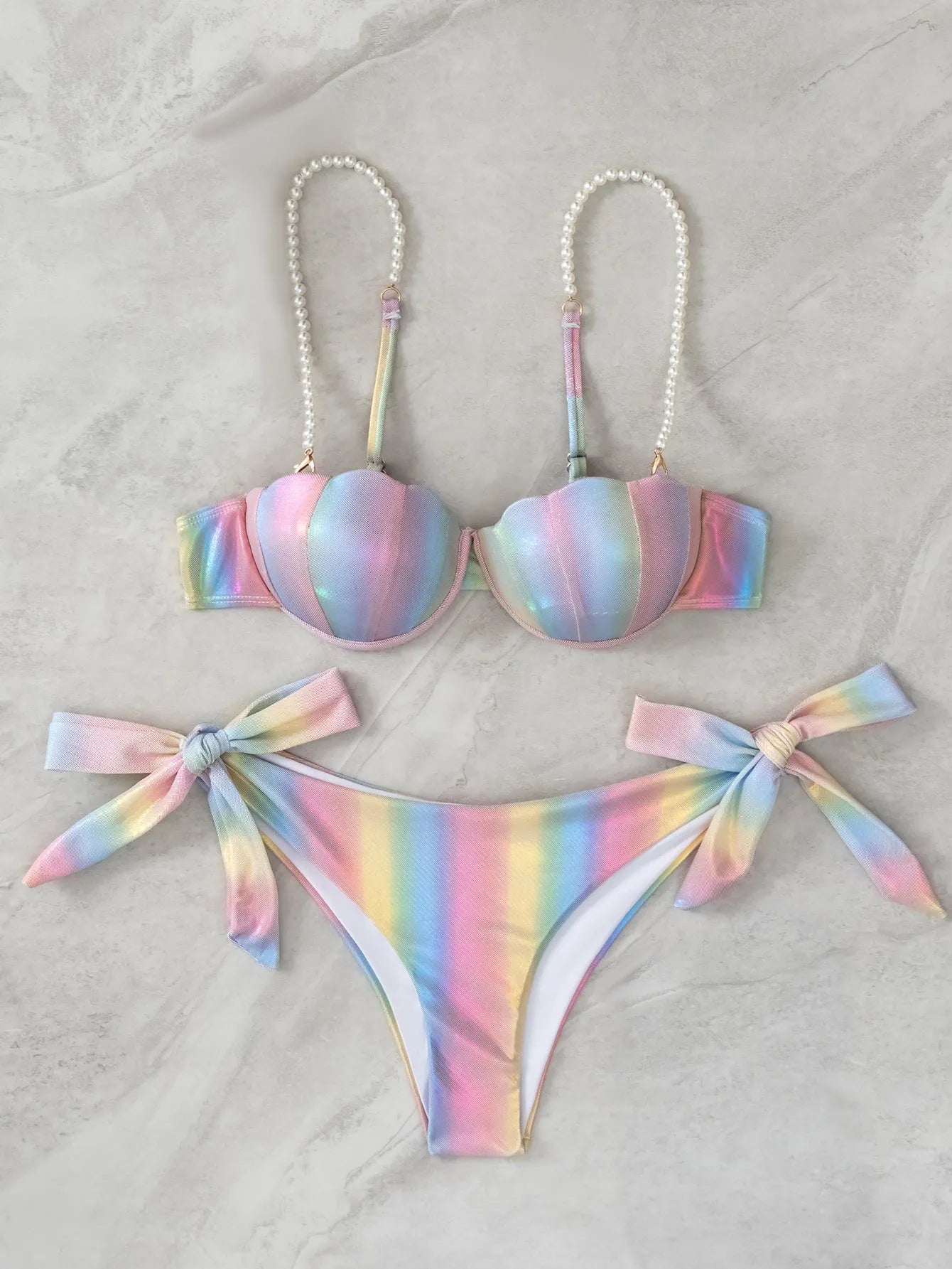 Women's rainbow shell pattern bikini swimsuit with split design and tied elements