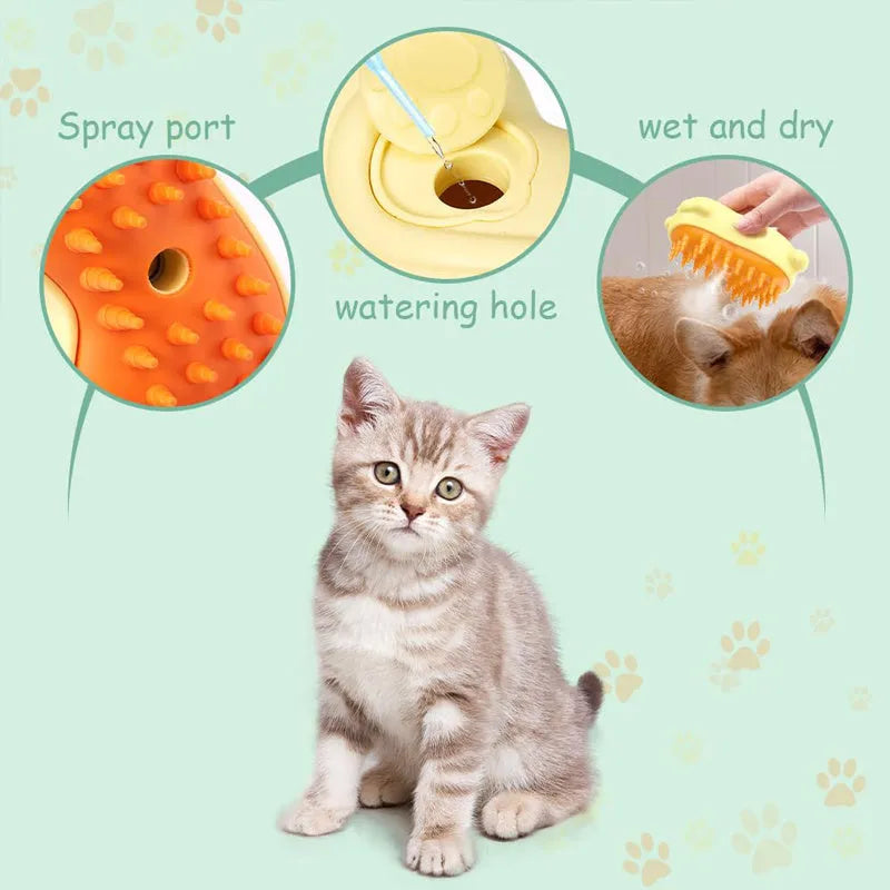 3-in-1 steam pet grooming brush with self-cleaning comb for cats and dogs