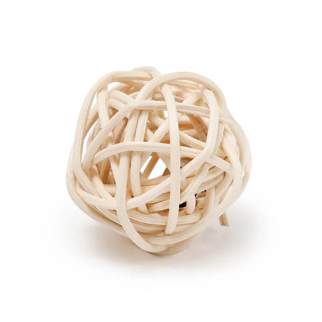 Two-piece cat toy set showing rattan ball and faux feather ball with bell