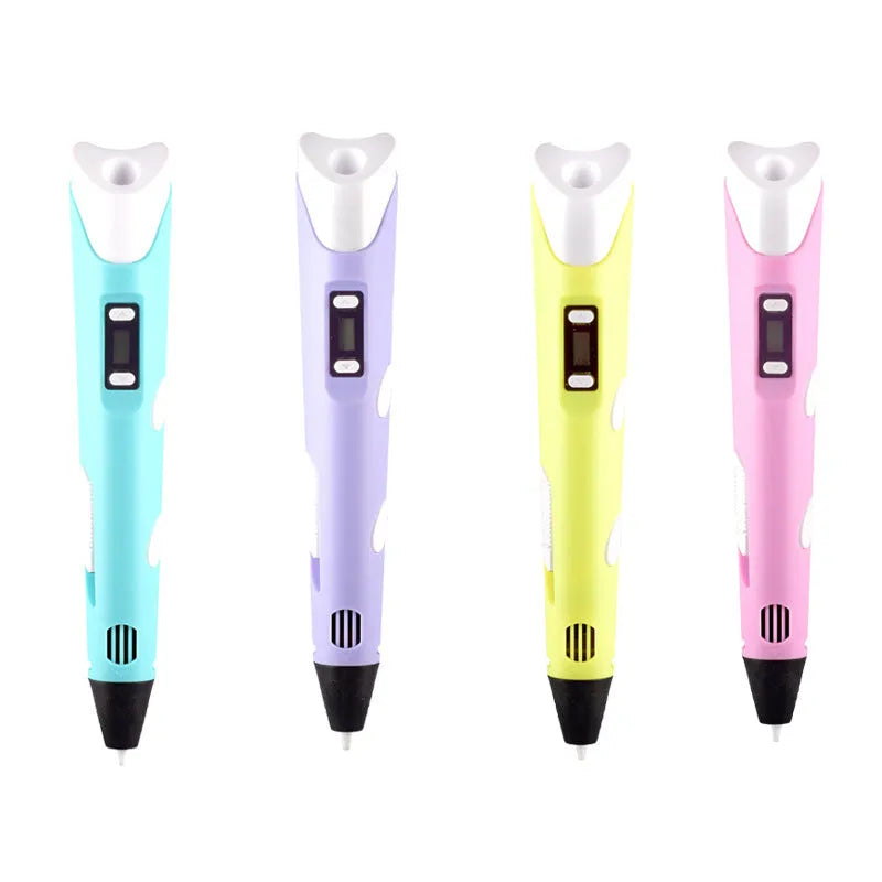 Children's 3D printing pen set with yellow pen, USB cable, and 3-colour filament on a table