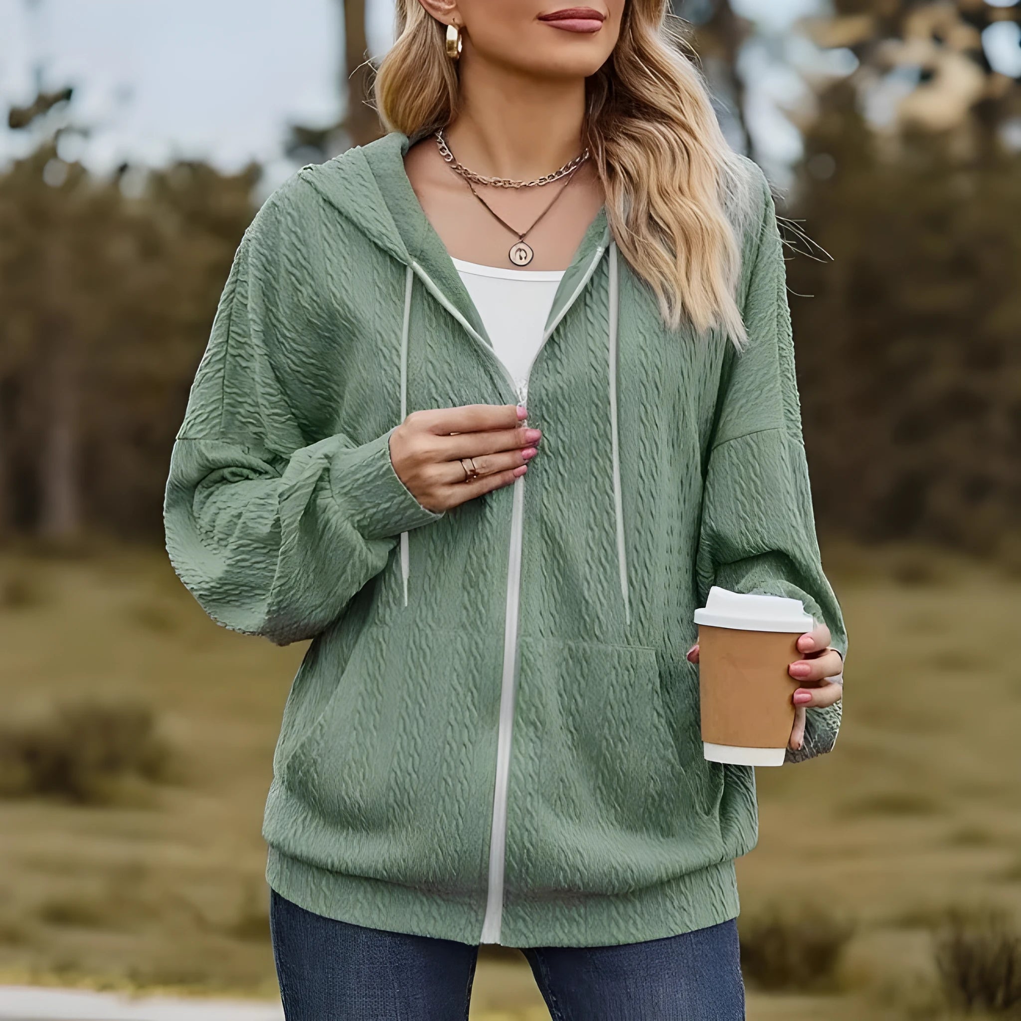 Forest green women's zip-up hooded sweater coat on a hanger, showing loose fit and long sleeves.