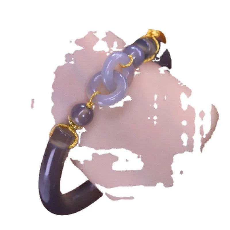 Grey smoke purple agate half bracelet with metal ring buckle closure on wrist