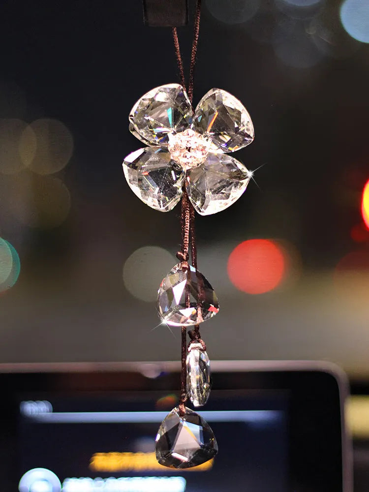 Crystal four leaf grass car pendant approximately 20cm in transparent champagne black shiny colours