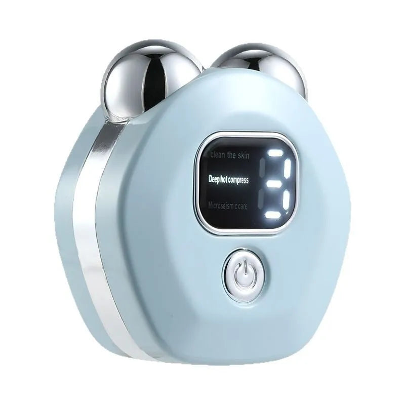 Portable facial massage instrument with hot compress and micro current dual roller in white colour