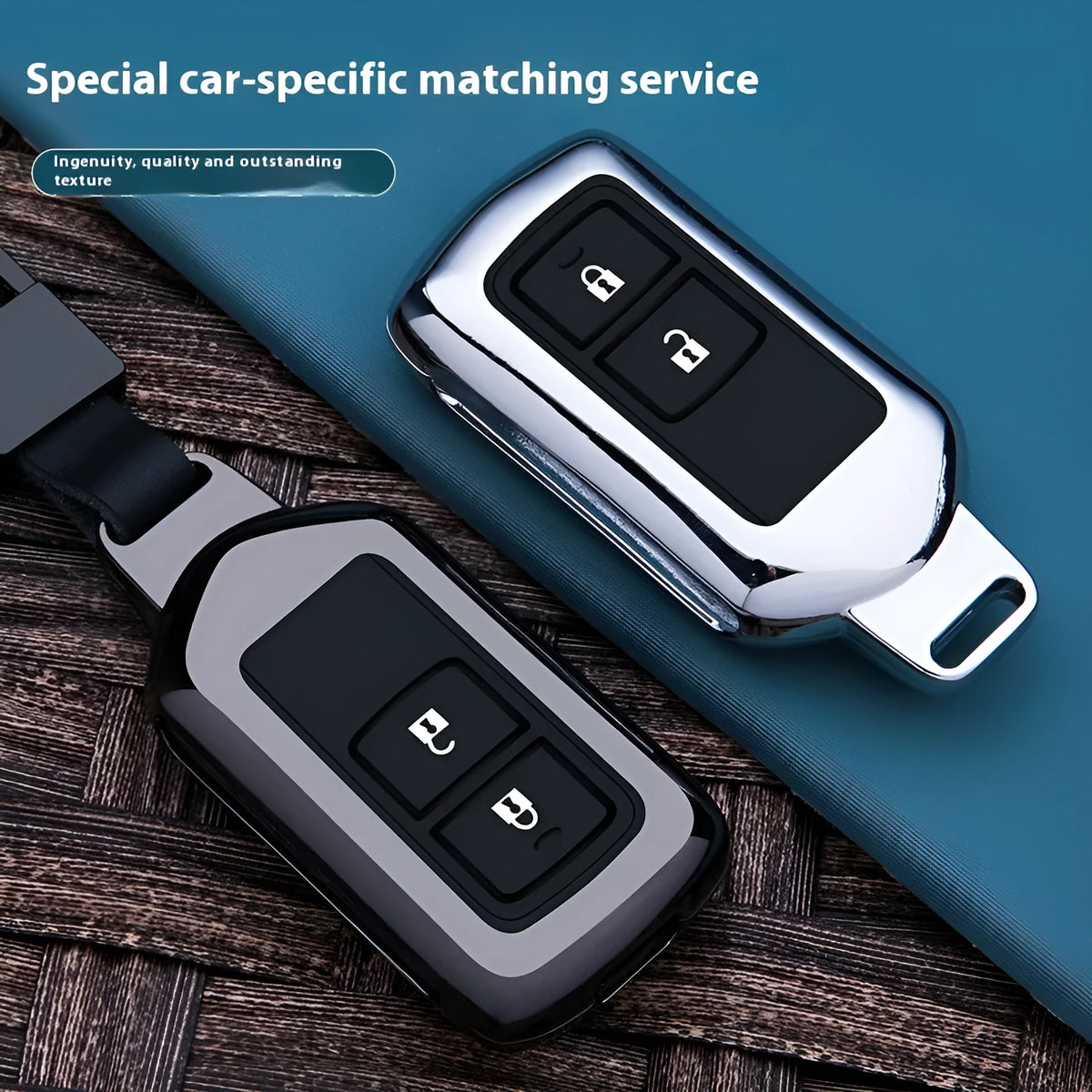 Zinc alloy keycase in minimalist business style, shown in Toyota E black, Toyota E silver, Toyota F black, and Toyota F silver