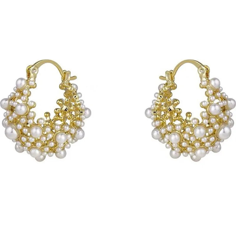 Gold-colour copper flower basket earrings with small beads and pearl inlay decoration