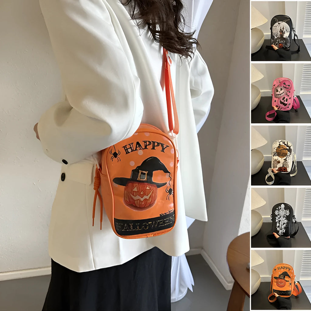 Black mini crossbody bag with Halloween graffiti print of cartoon pumpkins and bats.