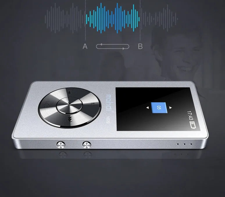 Gold all-metal portable MP3 music player with 1.8-inch screen displayed next to headphones.