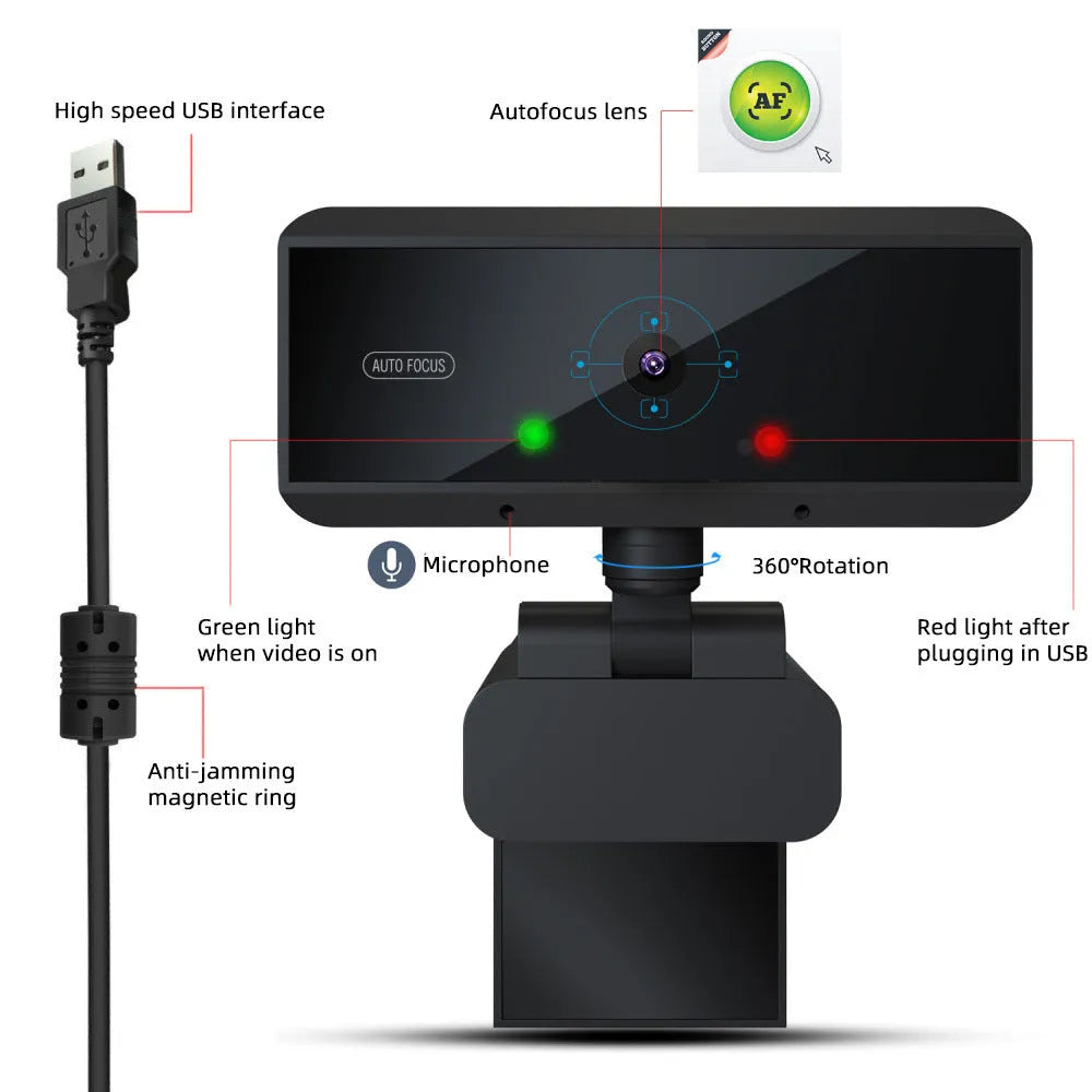 Black USB desktop video camera with 5MP CMOS sensor, autofocus, 2592x1944 resolution, 1.7m cable