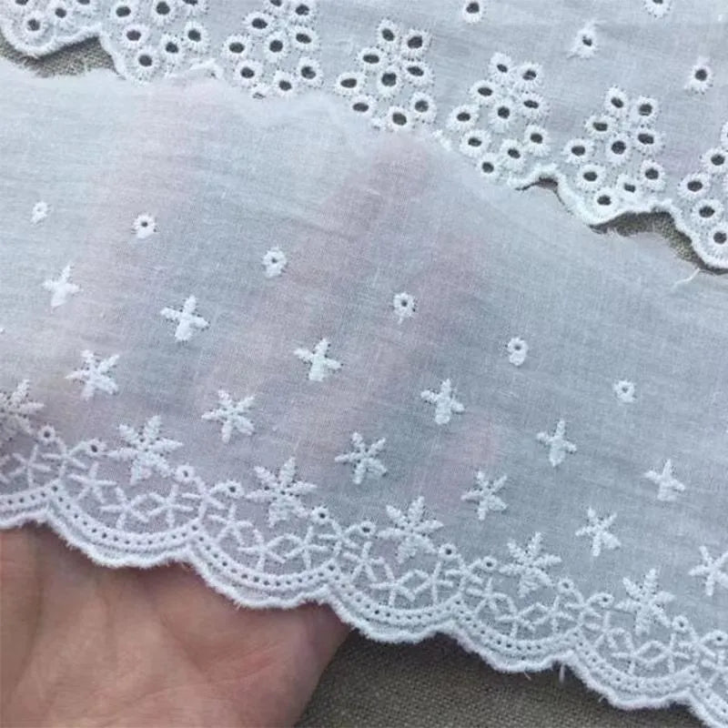 Roll of white cotton embroidery lace trim with cutout pattern, showing width variations.