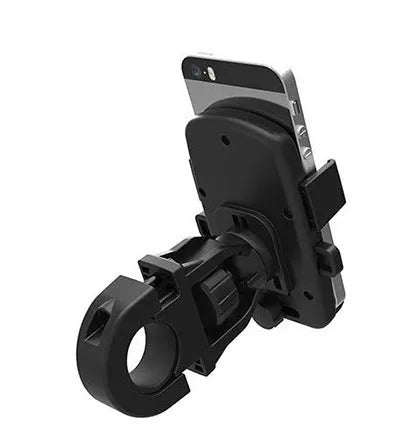 Black ABS plastic bicycle mobile phone holder with a security strap, mounted on bike handlebars.