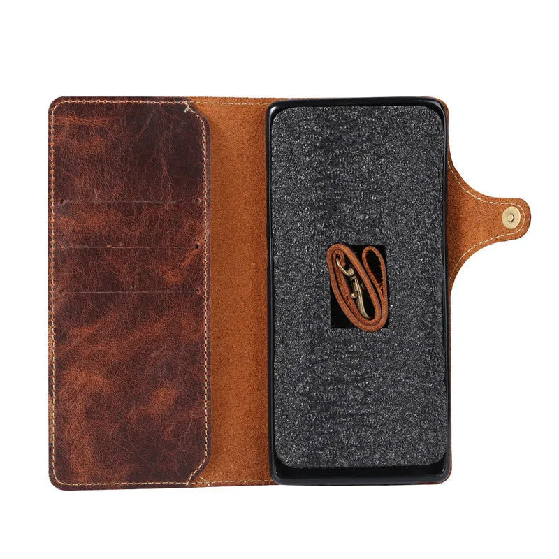 Handmade vintage oil waxed leather phone case with wallet and bracket in clamshell design