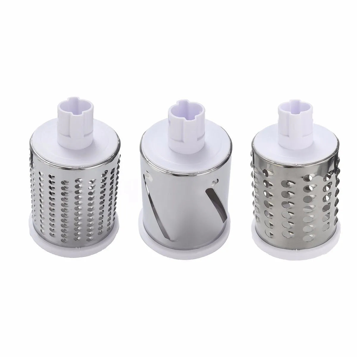 Round mandoline slicer with three stainless steel blades and a suction base in blue green, green, or red