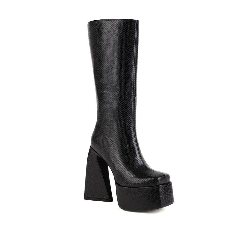 Women's black casual high boots with round toe and artificial PU leather upper, shown from the side.