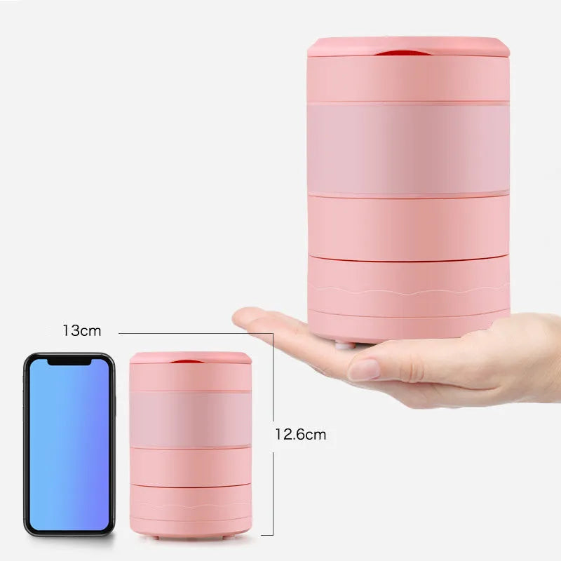 Blue portable USB blender with 450ml cup shown folded and extended next to fruits